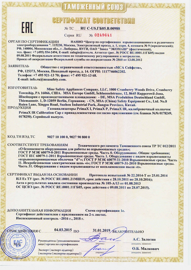 PrimaX I, PrimaX P, PrimaX IR. Сертификат соответствия требованиям Технического Регламента Таможенного Союза (ТР ТС)